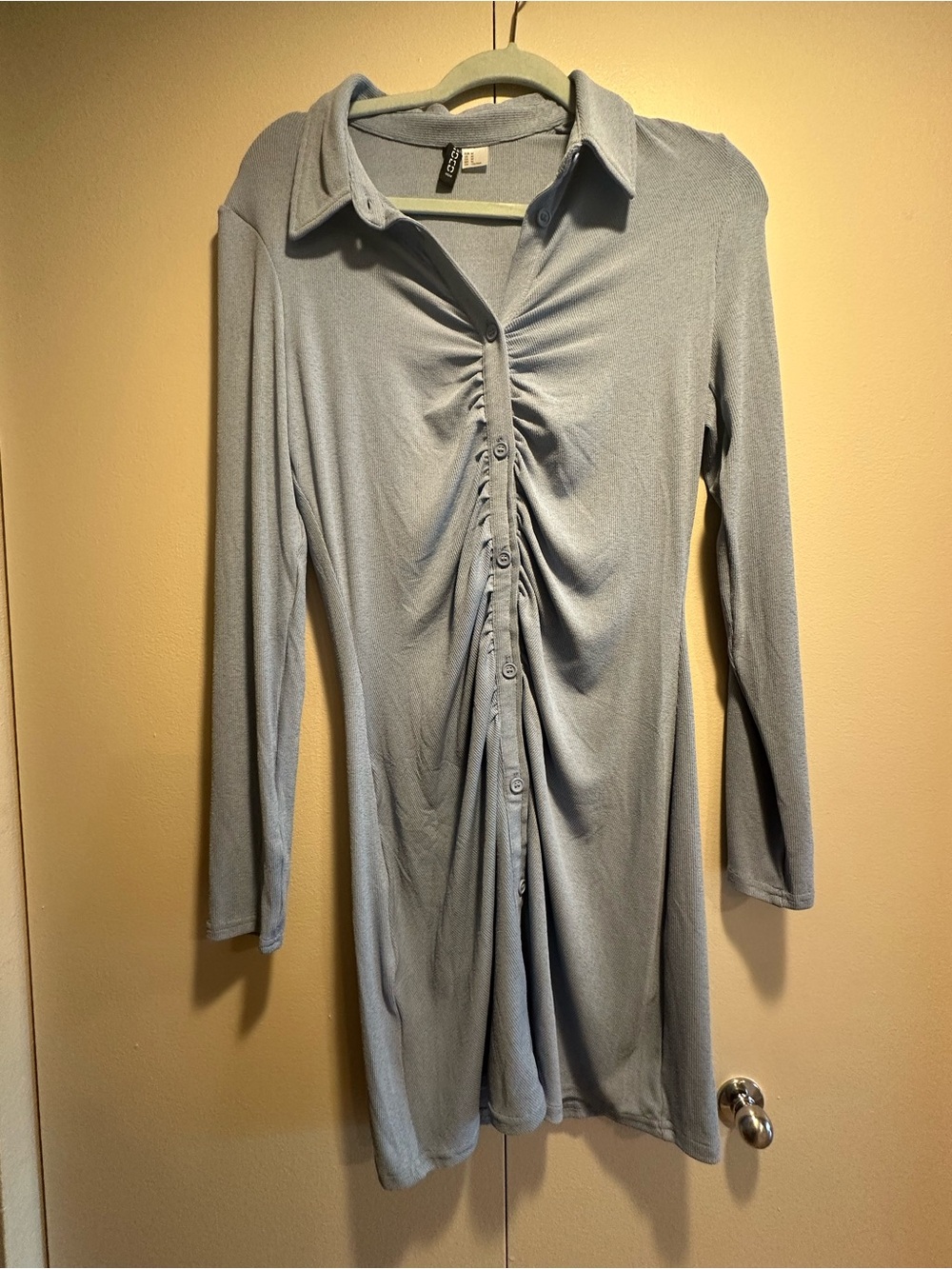 H&M Pale Blue Ruched Button-Front Midi Dress